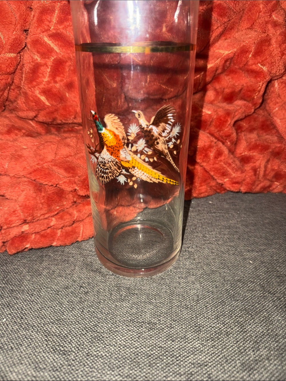 VINTAGE Mid-Century Golden Pheasant Glass Pitcher Barware MCM Gold Rim Hunting L